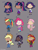 Size: 3000x4000 | Tagged: safe, artist:dear-bella, applejack, fluttershy, pinkie pie, rainbow dash, rarity, sci-twi, starlight glimmer, sunset shimmer, twilight sparkle, human, equestria girls, g4, alternate hairstyle, applejack's hat, belly button, belt, boots, chibi, clothes, coat, cowboy hat, cute, dark skin, denim, ear piercing, earring, female, flats, freckles, glasses, gray background, hairband, hat, humane five, humane seven, humane six, humanized, jacket, jeans, jewelry, leg warmers, light skin, midriff, mismatched socks, moderate dark skin, pale skin, pants, piercing, shoes, simple background, skirt, socks, sports bra, stockings, striped socks, sweater, sweatpants, tan skin, thigh highs, twolight