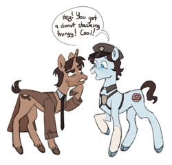 Size: 2048x1968 | Tagged: safe, artist:arrgh-whatever, earth pony, pony, unicorn, clothes, coat, darkside detective, detective, duo, francis mcqueen, hat, necktie, patrick dooley, ponified, simple background, speech bubble, white background