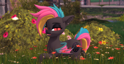 Size: 2560x1334 | Tagged: safe, screencap, oc, oc only, oc:black opal, bat pony, pony, open pony, bush, colored wings, ear piercing, eyeshadow, female, flower, grass, looking at you, makeup, mare, multicolored mane, multicolored tail, multicolored wings, open mouth, piercing, red eyes, second life, smug, solo, tail, wings