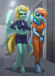 Size: 2500x3468 | Tagged: safe, artist:hakaina, lightning dust, rainbow dash, anthro, unguligrade anthro, g4, belly button, bound wings, clothes, commissioner:rainbowdash69, cuffs, duo, duo female, female, front knot midriff, high res, jumpsuit, midriff, never doubt rainbowdash69's involvement, officer ld, police officer, police uniform, prison outfit, prisoner, prisoner rd, sad, shackles, wing cuffs, wings