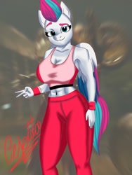 Size: 768x1024 | Tagged: safe, artist:cjv2004, zipp storm, pegasus, anthro, g5, arcee, breasts, busty zipp storm, clothes, female, liza koshy, peace sign, photo, solo, sports bra, sports outfit, tail, transformers, transformers rise of the beasts, voice actor joke