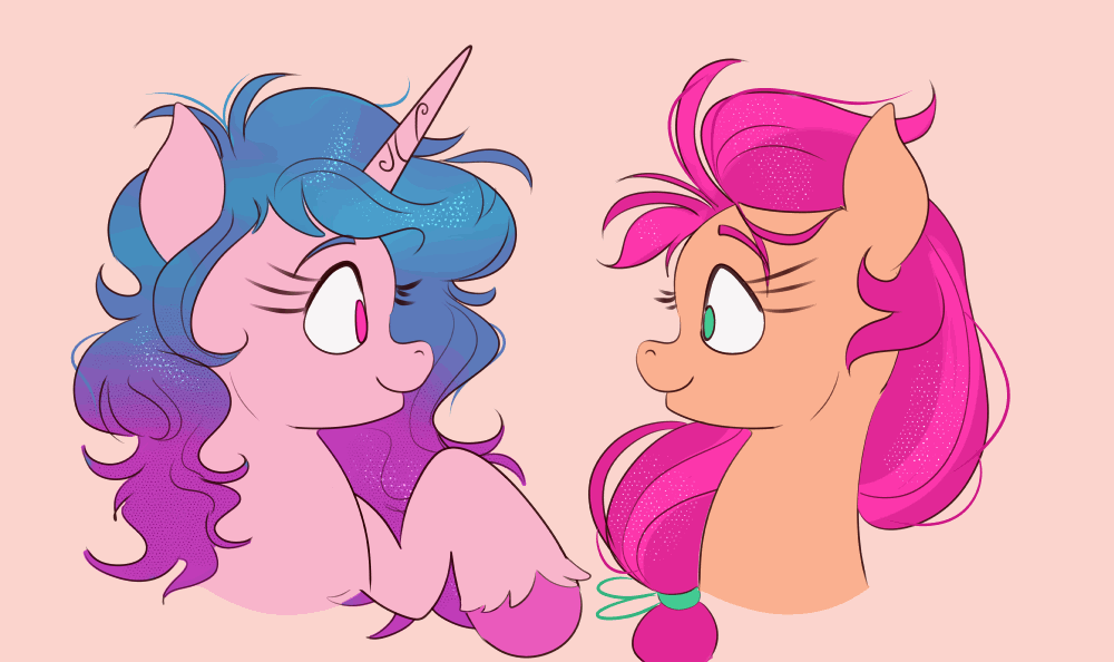 [animated,artist:nedemai,boop,cute,daaaaaaaaaaaw,duo,earth pony,female,floppy ears,g5,gif,happy,mare,newbie artist training grounds,pony,safe,simple background,stars,unicorn,unshorn fetlocks,looking at each other,side view,duo female,weapons-grade cute,smiling,sunnybetes,looking at someone,sunny starscout,izzybetes,izzy moonbow,atg 2023]