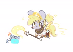 Size: 2048x1462 | Tagged: safe, artist:bubbletea, derpy hooves, pegasus, pony, g4, chibi, cute, derpabetes, female, hoof hold, mare, mercy, overwatch, reinhardt, simple background, solo focus, staff, white background