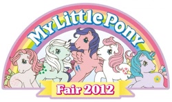 Size: 793x469 | Tagged: safe, firefly, minty (g1), princess sparkle, snuzzle, sundance, earth pony, pegasus, pony, unicorn, 2012 my little pony fair, my little pony fair, g1, official, 2012, bow, female, flying, group, logo, looking at you, mare, my little pony logo, rainbow, simple background, sitting, smiling, spread wings, tail, tail bow, white background, wings