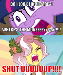 Size: 640x766 | Tagged: safe, edit, edited screencap, screencap, twilight sparkle, vignette valencia, alicorn, human, pony, a trivial pursuit, equestria girls, equestria girls specials, g4, my little pony equestria girls: better together, my little pony equestria girls: rollercoaster of friendship, angry, caption, english, female, image macro, mare, meme, rage, ragelight sparkle, shut up, text, this is trivia trot, translation, twilight sparkle (alicorn), yelling