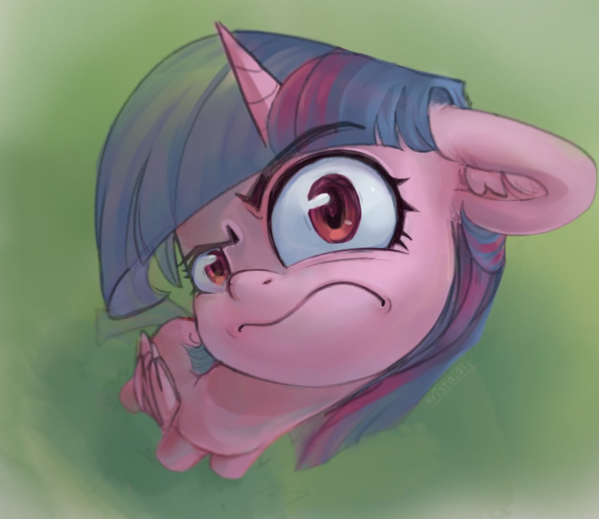 [alicorn,eyebrows,female,fisheye lens,frown,looking at you,mare,meme,overhead view,pony,safe,signature,solo,twilight sparkle,wings,ponified meme,looking up,raised eyebrow,high angle,folded wings,eyebrows visible through hair,twilight sparkle (alicorn),looking up at you,artist:krista-21]