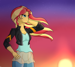 Size: 2000x1800 | Tagged: safe, artist:novaspark, sunset shimmer, human, equestria girls 10th anniversary, equestria girls, g4, beautiful, breasts, clothes, female, hand on face, hand on hip, jacket, leather, leather jacket, namesake, pun, reasonably sized breasts, solo, sunset, visual pun, windswept hair