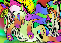 Size: 2000x1400 | Tagged: safe, artist:imiya, port-o-bella, earth pony, pony, g3, hat, multicolored hair, mushroom, psychedelic, simple background, solo, trippy