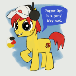 Size: 1024x1024 | Tagged: safe, artist:catachromatic, earth pony, pony, g4, baseball cap, black outlines, cap, celestia redux, colt, foal, freckles, hat, headphones, lego, lego island, male, open mouth, pepper roni, ponified, rule 85, simple background, smiling, solo, speech bubble, text