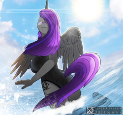 Size: 4618x4320 | Tagged: safe, artist:etheria galaxia, oc, oc only, oc:etheria galaxia, alicorn, anthro, absurd resolution, alicorn oc, black swimsuit, clothes, curved horn, detailed background, feet, female, horn, legs in the water, leotard, ocean, one-piece swimsuit, partially submerged, sky, solo, spread wings, sun, swimsuit, tail, tail hole, water, watermark, wet, wet mane, wings