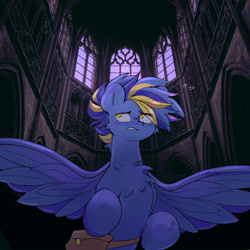Size: 3000x3000 | Tagged: safe, artist:madiwann, oc, oc only, oc:shining trophy, pegasus, pony, castle, cathedral, gothic, high res, looking up, male, scared, stallion