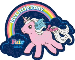 Size: 1367x1086 | Tagged: safe, milky way, pony, unicorn, 2015 my little pony fair, my little pony fair, g1, 2015, bow, cloud, female, horn, logo, mare, my little pony logo, rainbow, solo, tail, tail bow