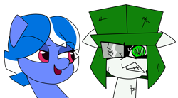 Size: 1275x705 | Tagged: safe, artist:yamston, oc, oc only, oc:little fawn, oc:yamston crowe, earth pony, pony, fanfic:living the dream, 2023, blue coat, broken glasses, duo, fanfic art, female, glasses, green eyes, grumpy, hat, injured, male, mare, parent:oc:yacon, pink eyes, simple background, stallion, transparent background, two toned mane, white coat