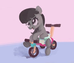 Size: 1553x1327 | Tagged: safe, artist:asdfasfasda, octavia melody, earth pony, pony, g4, abstract background, belly button, diaper, female, happy, infantilism, mare, non-baby in diaper, raised hoof, sitting, smiling, solo, tricycle