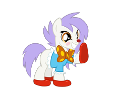 Size: 2970x2100 | Tagged: safe, artist:candy meow, oc, oc only, oc:mockery, earth pony, pony, amber eyes, blushing, bowtie, clothes, clown, clown nose, colt, digital art, earth pony oc, eyeliner, foal, grin, high res, makeup, male, male oc, mane, purple hair, purple mane, purple tail, raised hoof, red nose, shirt, shoes, simple background, smiling, solo, standing, tail, transparent background, white body, white fur