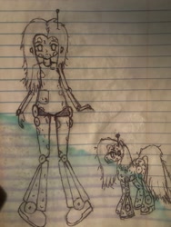 Size: 4032x3024 | Tagged: safe, artist:wvdr220dr, oc, oc:gearlya, earth pony, gynoid, human, robot, equestria girls, g4, '90s, 16bit, antenna, dishevelled, female, imfomaz os, lined paper, mare, metal, older, plastic, rubber, rust, traditional art, water, water damage