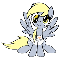 Size: 560x523 | Tagged: safe, artist:muffinz, derpy hooves, pegasus, pony, g4, clothes, cute, muffin, pixel-crisp art, shirt, simple background, solo, that pony sure does love muffins, white background