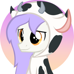 Size: 2000x2000 | Tagged: safe, artist:candy meow, oc, oc only, oc:mockery, earth pony, pony, amber eyes, bust, closed mouth, clothes, colt, cow suit, cowprint, digital art, earth pony oc, foal, high res, male, male oc, mane, onesie, portrait, purple hair, purple mane, smiling, solo, white body, white fur