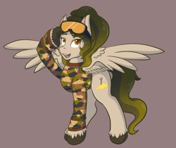 Size: 1918x1611 | Tagged: safe, artist:mscolorsplash, oc, oc:sandypony, pegasus, pony, brown background, camouflage, clothes, commission, goggles, open mouth, open smile, shirt, simple background, smiling, solo, spread wings, unshorn fetlocks, wings