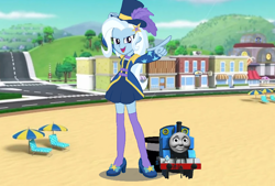 Size: 828x561 | Tagged: safe, artist:avilmig, trixie, human, equestria girls, g4, adventure bay, crossover, paw patrol, thomas and friends, thomas the tank engine