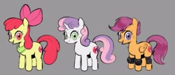 Size: 2818x1220 | Tagged: safe, artist:_ton618_, apple bloom, scootaloo, sweetie belle, earth pony, pegasus, pony, unicorn, g4, bandana, cutie mark crusaders, female, filly, foal, folded wings, gray background, horn, knee pads, looking at you, open mouth, open smile, simple background, smiling, smiling at you, the cmc's cutie marks, trio, wings