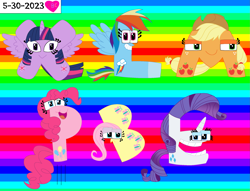 Size: 2165x1657 | Tagged: safe, artist:worldofcaitlyn, part of a set, applejack, fluttershy, pinkie pie, rainbow dash, rarity, twilight sparkle, alicorn, butterfly, pony, g4, alphabet lore, applejack's hat, cowboy hat, crossover, explanation in the description, eyeshadow, female, freckles, gradient background, happy, hat, heart, horn, jumping, l (letter), lidded eyes, m, makeup, mane six, my eyes, open mouth, p, rainbow background, sad, smiling, teeth, twilight sparkle (alicorn), wings, x, 🅱