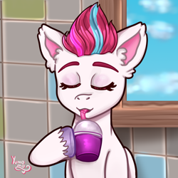 Size: 2500x2500 | Tagged: safe, artist:yumomochan, zipp storm, pegasus, pony, g5, drink, drinking, ear fluff, eyes closed, female, high res, mare, sketch, solo