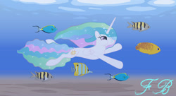 Size: 1280x695 | Tagged: safe, artist:frametoonsgames, princess celestia, alicorn, fish, pony, g4, bubble, crepuscular rays, ethereal mane, ethereal tail, female, flowing mane, flowing tail, folded wings, horn, long horn, mare, ocean, pink eyes, signature, solo, sparkles, starry mane, starry tail, sunlight, swimming, tail, underwater, water, wings