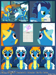 Size: 2048x2732 | Tagged: safe, artist:mistress midnight, fleetfoot, soarin', spitfire, pegasus, pony, g4, calendar, clothes, dialogue, duo, duo female, female, goggles, high res, idea, locker room, lockers, looking at each other, looking at someone, male, pinup, promo, short comic, show accurate, stallion, torn clothes, uniform, wonderbolts, wonderbolts uniform
