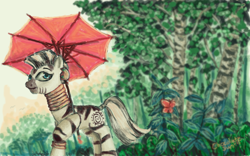 Size: 900x563 | Tagged: safe, artist:chocolatesun, zecora, butterfly, pony, zebra, g4, female, forest, holding, solo, tree, umbrella