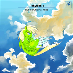 Size: 1400x1400 | Tagged: safe, artist:cos22, artist:yukiimonster, oc, oc only, oc:ponytronic, pegasus, pony, cloud, falling, male, male oc, sky, solo, song cover, stallion