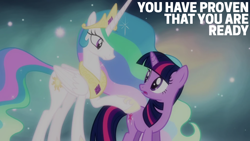 Size: 1920x1080 | Tagged: safe, edit, edited screencap, editor:quoterific, screencap, princess celestia, twilight sparkle, alicorn, pony, unicorn, g4, magical mystery cure, ascension realm, duo, female, mare, princess celestia's special princess making dimension, unicorn twilight