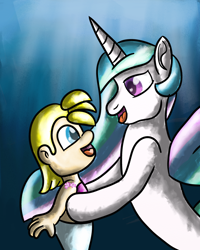 Size: 2400x3000 | Tagged: safe, artist:saburodaimando, princess celestia, oc, oc:wanda young, alicorn, mermaid, pony, seapony (g4), g4, bubble, crepuscular rays, digital art, dorsal fin, female, fin, fin wings, fins, flowing mane, high res, horn, lidded eyes, looking at each other, looking at someone, ocean, open mouth, open smile, pink mane, seaponified, seapony celestia, smiling, smiling at each other, species swap, sunlight, swimming, underwater, water, wings