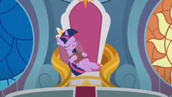 Size: 1280x720 | Tagged: safe, artist:agrol, twilight sparkle, alicorn, pony, how to be a princess, g4, book, bookhorse, canterlot castle, crown, cute, jewelry, regalia, sleeping, solo, throne, twiabetes, twilight sparkle (alicorn)