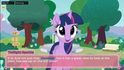 Size: 1006x566 | Tagged: safe, artist:tiarawhy, twilight sparkle, alicorn, pony, g4, aeroplanes and meteor showers, bench, bits, crossover, crossover shipping, dating game, dating sim, day, dialogue box, female, fountain, looking at you, male, mare, mordetwi, morning, park, park bench, pony waifu sim, raised hoof, reference, regular show, road sign, shipping, sign, smiling, smiling at you, solo, statue, straight, tree, twilight sparkle (alicorn)
