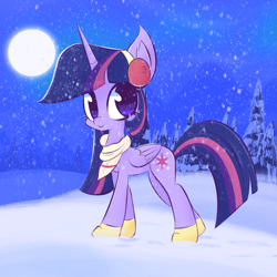 Size: 2048x2048 | Tagged: safe, artist:thebigstuff89, twilight sparkle, alicorn, pony, g4, cute, earmuffs, female, folded wings, high res, horn, looking at you, mare, smiling, smiling at you, snow, snowfall, solo, twiabetes, twilight sparkle (alicorn), wings, winter