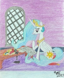 Size: 2067x2506 | Tagged: safe, artist:opti, princess celestia, alicorn, pony, g4, atg 2023, high res, inkwell, newbie artist training grounds, newspaper, quill, scroll, solo, stain, table, traditional art, window