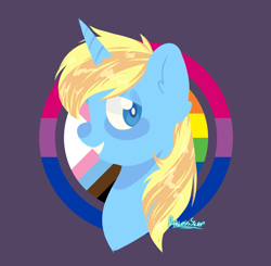 Size: 2449x2399 | Tagged: safe, artist:hopeless silver, oc, oc only, oc:skydreams, pony, unicorn, bisexual pride flag, bust, commission, female, high res, mare, pride, pride flag, progressive pride flag, solo, ych result