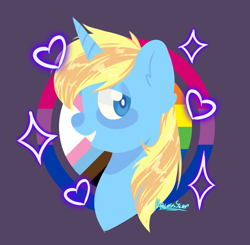 Size: 2449x2399 | Tagged: safe, alternate version, artist:hopeless silver, oc, oc only, oc:skydreams, pony, unicorn, bisexual pride flag, bust, commission, female, heart, high res, mare, pride, pride flag, progressive pride flag, solo, sparkles, ych result