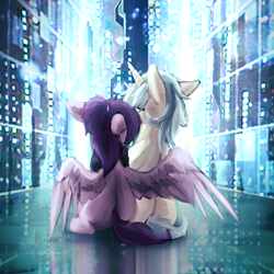 Size: 2000x2000 | Tagged: safe, artist:ampderg, oc, oc only, oc:vylet, pegasus, pony, unicorn, vylet pony, high res, hug, male, rear view, shipping, sitting, stallion, winghug, wings