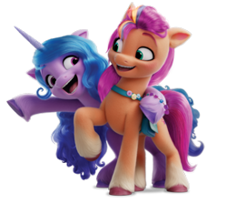 Size: 574x540 | Tagged: safe, izzy moonbow, sunny starscout, earth pony, pony, unicorn, g5, my little pony: a new generation, my little pony: make your mark, official, duo, duo female, female, mane stripe sunny, mare, open mouth, shipping fuel, simple background, stock render, transparent background