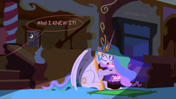 Size: 2280x1288 | Tagged: safe, artist:darksly, princess celestia, alicorn, pony, g4, cake, caught, dark, eating, food, implied pinkie pie, night, solo, sugarcube corner