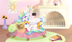 Size: 4782x2764 | Tagged: safe, artist:patchnpaw, princess celestia, princess luna, oc, oc:dusty pages, alicorn, pony, unicorn, g4, bed, blank flank, blushing, book, canon x oc, cewestia, duo, female, filly, fireplace, flower, high res, levitation, lying down, magic, male, mare, picture frame, prone, reading, shipping, stallion, sunflower, telekinesis, vase, wing blanket, winghug, wings, woona, younger