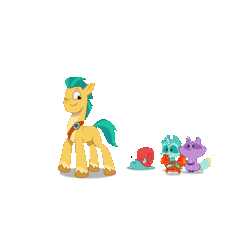 Size: 1500x1500 | Tagged: safe, hitch trailblazer, mcsnips-a-lot, crab, earth pony, pegasnail, pony, raccoon, raccoonicorn, snail, g5, my little pony: tell your tale, official, animated, gif, jumping, male, simple background, stallion, transparent background