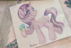 Size: 1280x858 | Tagged: safe, artist:patchnpaw, starlight glimmer, pony, unicorn, g4, cute, eye clipping through hair, female, food, glimmerbetes, hoof hold, ice cream, ice cream cone, lidded eyes, looking at you, mare, smiling, solo, traditional art, watercolor painting