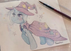 Size: 1280x922 | Tagged: safe, artist:patchnpaw, trixie, pony, unicorn, g4, blushing, cape, clothes, eyelashes, female, hat, mare, raised hoof, smiling, solo, traditional art, trixie's cape, trixie's hat, watercolor painting