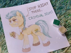 Size: 2048x1536 | Tagged: safe, artist:patchnpaw, hitch trailblazer, earth pony, pony, g5, angry, gritted teeth, hoof hold, male, scowl, sheriff's badge, solo, stop right there criminal scum, teeth, traditional art, watercolor painting