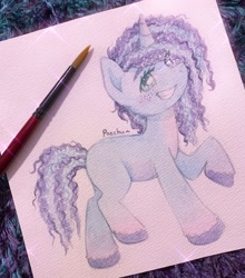 Size: 1802x2048 | Tagged: safe, artist:patchnpaw, misty brightdawn, pony, unicorn, g5, female, freckles, grin, looking at you, raised hoof, smiling, solo, traditional art, watercolor painting