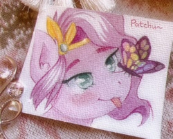 Size: 2048x1656 | Tagged: safe, artist:patchnpaw, pipp petals, butterfly, pegasus, pony, g5, :p, blushing, bust, butterfly on nose, colored eyebrows, colored pupils, cross-eyed, female, insect on nose, insect on someone, looking at something, mare, portrait, solo, tongue out, traditional art, watercolor painting