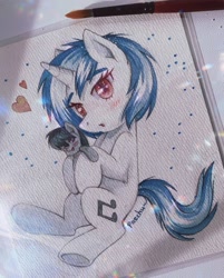 Size: 888x1107 | Tagged: safe, artist:patchnpaw, dj pon-3, octavia melody, vinyl scratch, pony, unicorn, g4, :o, blushing, female, heart, holding, looking at you, mare, open mouth, plushie, sitting, solo, traditional art, watercolor painting